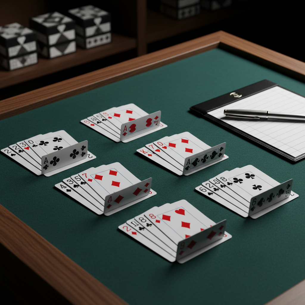 A close-up of a flawless four-hand Spades layout on rich emerald felt, each hand organized in clean suits with the spade cards subtly emphasized in the foreground. A black score pad with crisp white lines and a gleaming silver pen rests to the side, hinting at strategy and careful tracking. The surrounding environment is an understated, luxurious game table with dark walnut edges and a blurred backdrop of neatly stacked decks in monochrome tuck boxes. Soft, directional studio lighting from the left creates delicate highlights along the card edges and faint shadows across the score pad. Captured at eye level with a gentle diagonal composition, the mood is focused and cerebral, conveying tactical depth and refined photographic realism.