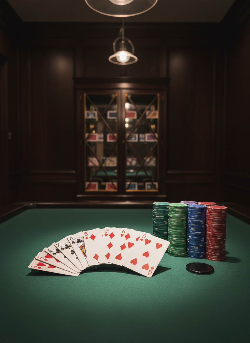 A meticulously arranged green felt card table displaying a perfect four-suit bridge of standard playing cards fanned in a smooth arc, crisp white borders and deep red and black pips sharply defined. Nearby, neatly stacked poker chips in refined, muted jewel tones form tidy columns beside a polished black dealer button. The table is set in a quiet, upscale game room with dark wood paneling and a blurred background of an elegant card cabinet. Soft overhead pendant lighting casts a gentle, focused pool of light across the felt, creating subtle, elongated shadows from the cards. Shot from a slightly elevated angle with shallow depth of field, the composition centers on the fan of cards, evoking a sophisticated, modern, photographic realism ideal for a premium card game strategy blog homepage.