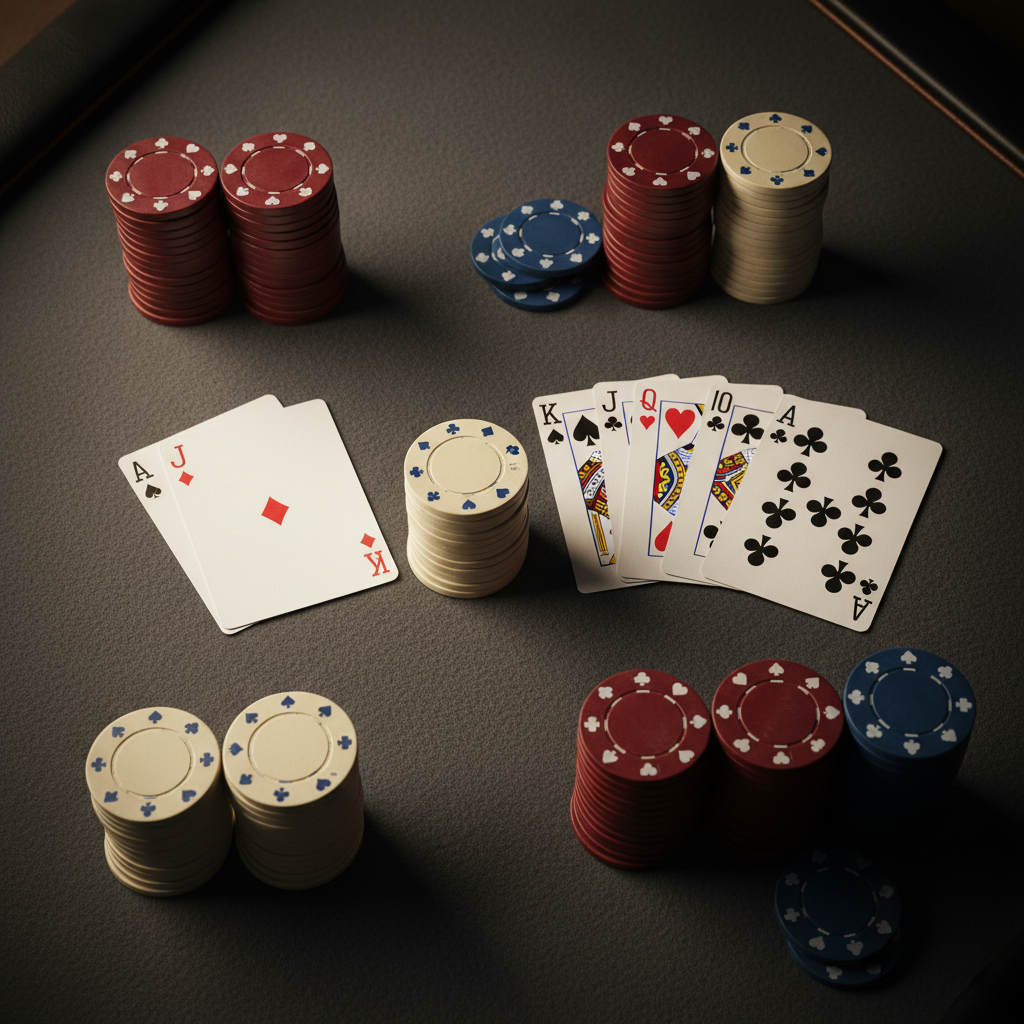 An artful overhead view of a sophisticated poker setup on smooth charcoal felt, featuring two pristine hole cards face down in front of a neat stack of clay chips, while a dramatic Texas Hold’em flop, turn, and river are laid out in a precise line. The surrounding chips are arranged in carefully structured stacks of deep burgundy, midnight blue, and ivory, slightly worn to show subtle texture. The table edge is trimmed in dark leather, barely visible at the frame’s edge. Warm, low golden-hour style lighting from above creates a cinematic glow, with soft vignetting at the corners. The composition uses a strong rule-of-thirds layout, emphasizing the community cards and chip stack, evoking a quiet, high-stakes, photographic realism aesthetic perfect for illustrating poker strategy.